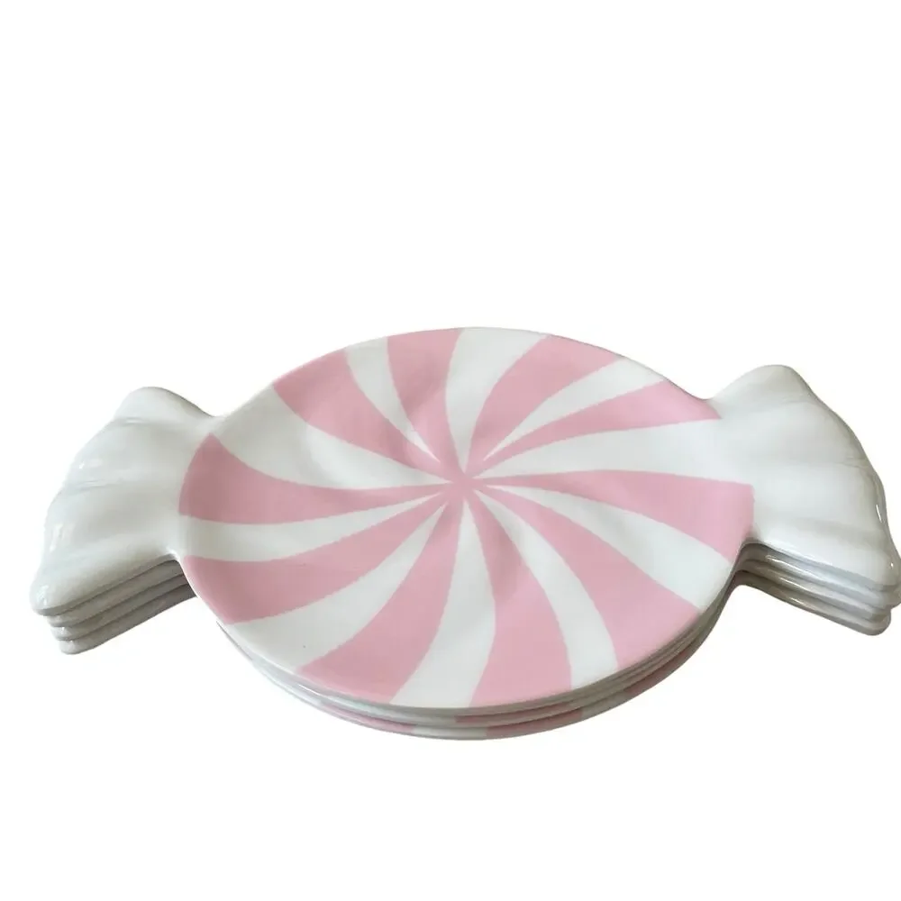 Peppermint Candy Shaped Melamine Christmas Appetizer Plate Set 4 PINK & White